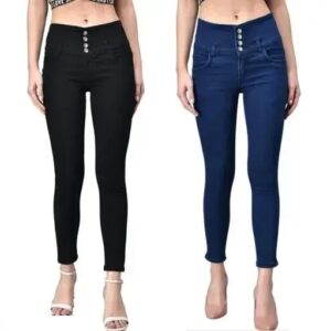 RICKON DENIMS 4 BUTTON HIGH WAIST JEANS (BLACK & NAVY BLUE COMBO)