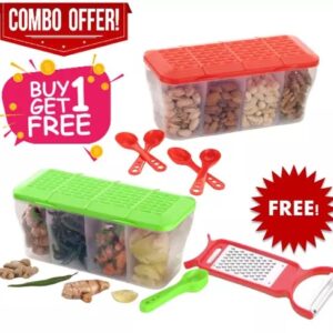 Rickon Food Container 4 in 1 Transparent (BUY 1 GET 1 FREE) Plastic Lock Food Storage Airtight Container Jar for Cereals, Snacks,pickle, Grocery Container, Fridge Container (GREEN AND RED) (FREE VEG PEELER) (BUY 1 GET 1 FREE)