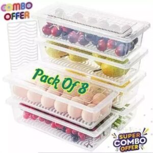 Rickon PACK OF 8 Plastic Fridge Organizers Storage Box Container Kitchen Freezer Food Basket, Vegetables, Fruits, Fish, Meat, Egg, Dry Fruit, Airtight Lid, Multi Uses 1500ML 8Pcs