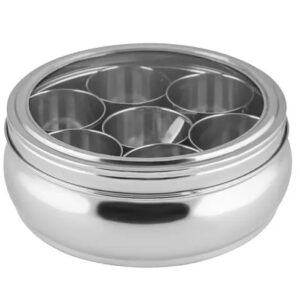 Rickon Stainless Steel Masala Dabba/Spice storage box | Spice container Belly Shape with see through lid, 7 mini container with small spoon